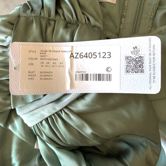 NWT Azazie Oli Stretch Satin Jumpsuit Women’s 8 Matcha Green Formal Event Party - Picture 8 of 11